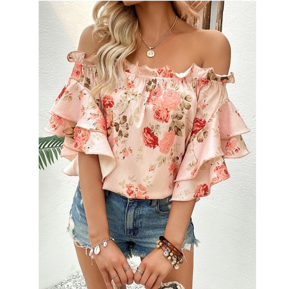 Floral Print Pink Off Shoulder Ruffle Detail Top Blouse Shirt - Picture 7 of 8